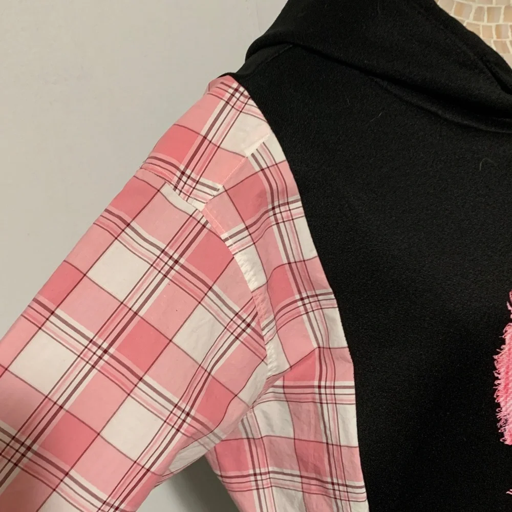 Upcycled Black Hoodie with Pink Distressed Bow Graphic  & Pink Plaid Sleeves - Picture 4 of 9